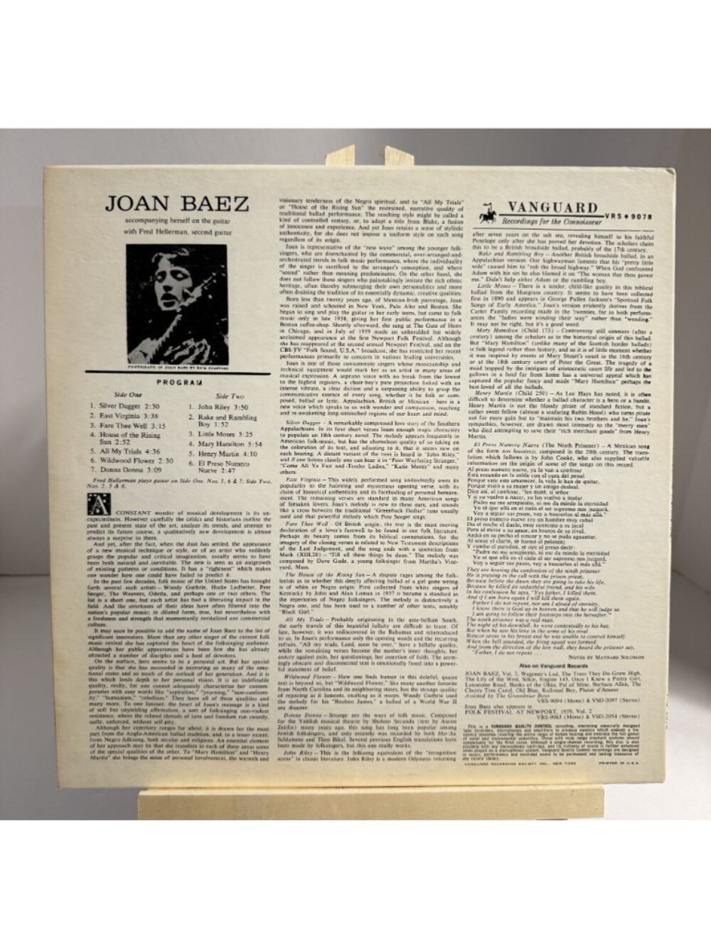 Joan Baez VRS-9078 Early (1960) 1A/1A Vanguard LP VG+ EX Play Tested Folk - Picture 2 of 14